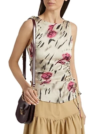 Printed Floral Satin Ruched Top