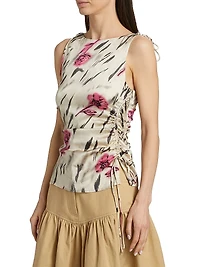 Printed Floral Satin Ruched Top