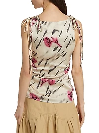 Printed Floral Satin Ruched Top