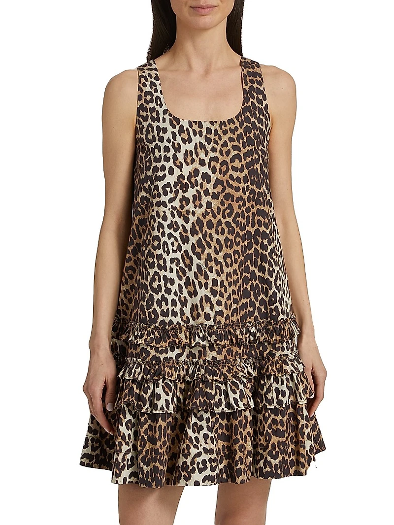 Leopard-Print Cotton Poplin U-Neck Minidress