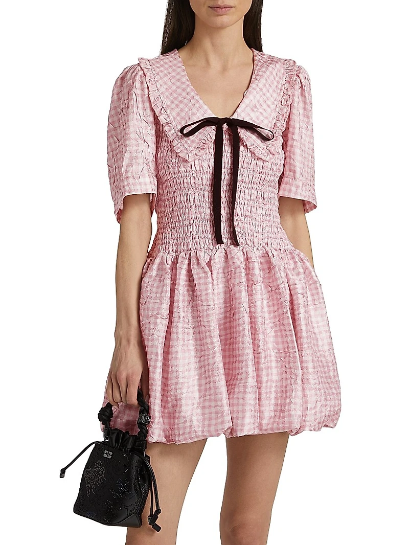 Shibori Smocked Check Minidress