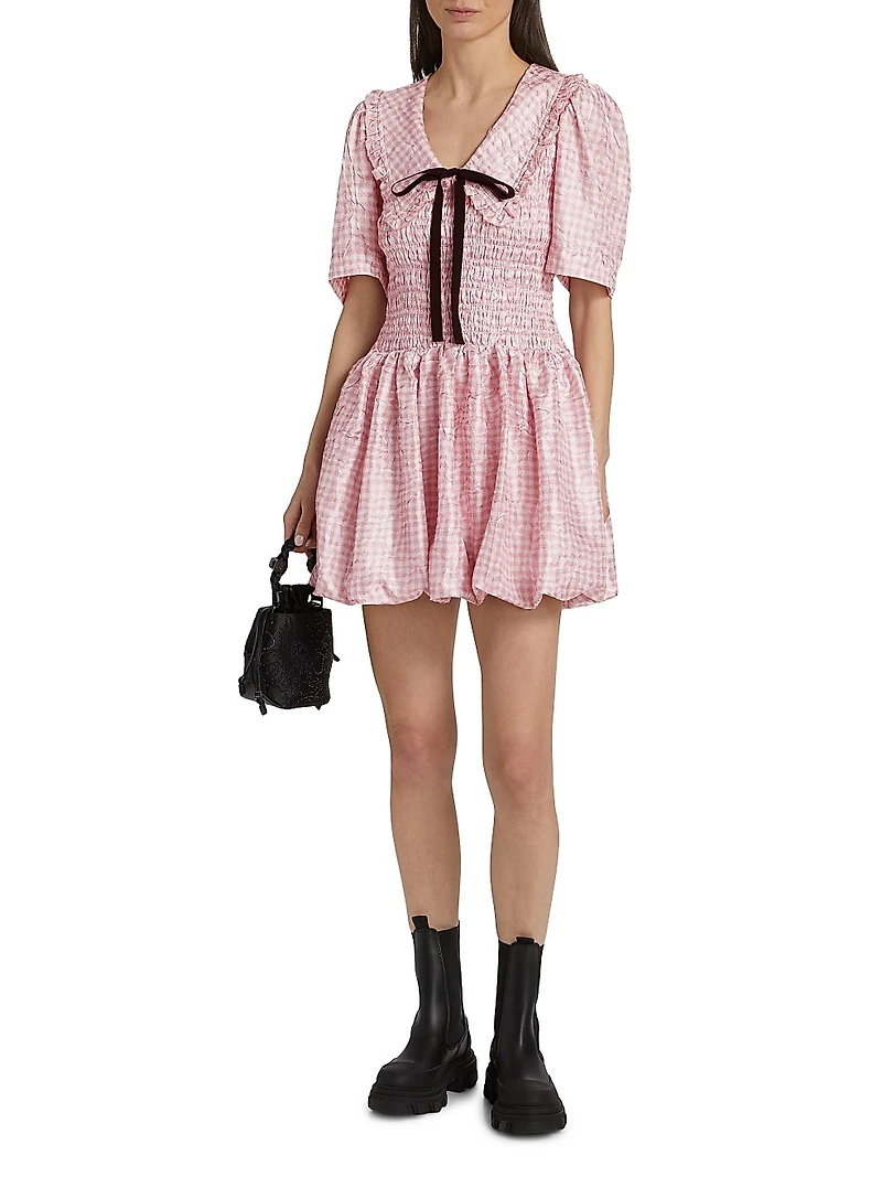 Shibori Smocked Check Minidress