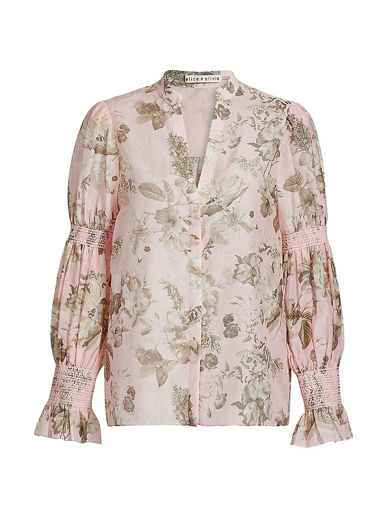 Ilan Floral Smocked Cotton-Silk Blouse