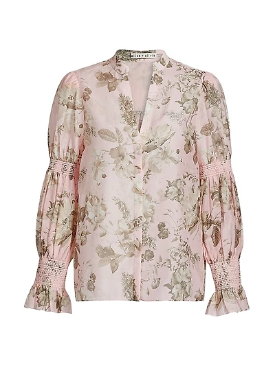 Ilan Floral Smocked Cotton-Silk Blouse