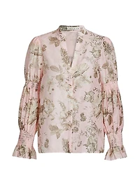 Ilan Floral Smocked Cotton-Silk Blouse