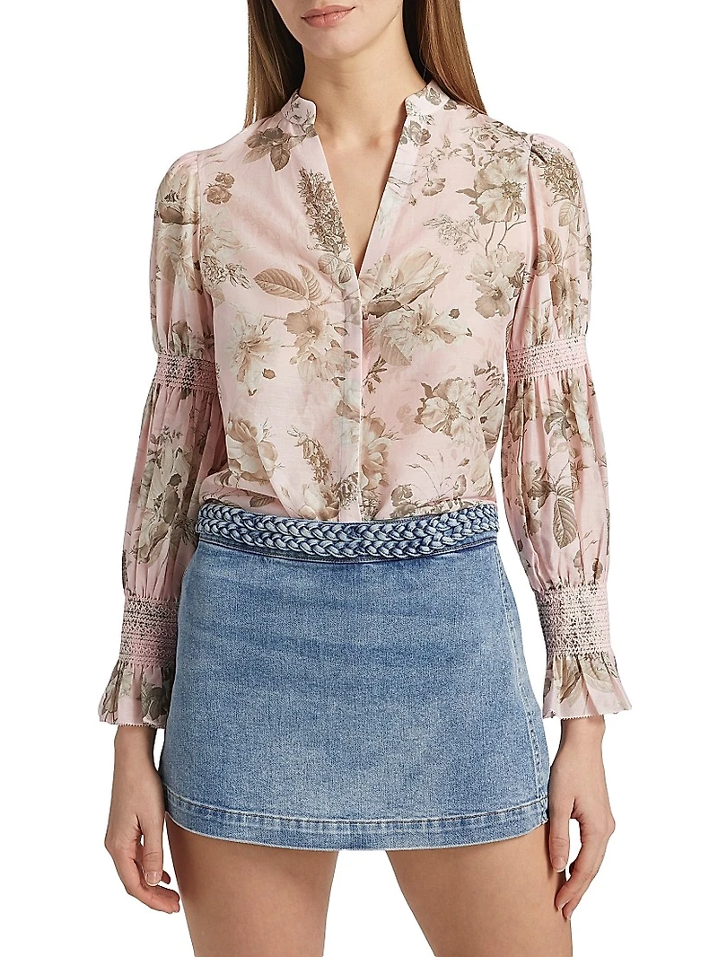 Ilan Floral Smocked Cotton-Silk Blouse