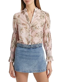 Ilan Floral Smocked Cotton-Silk Blouse