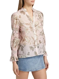 Ilan Floral Smocked Cotton-Silk Blouse