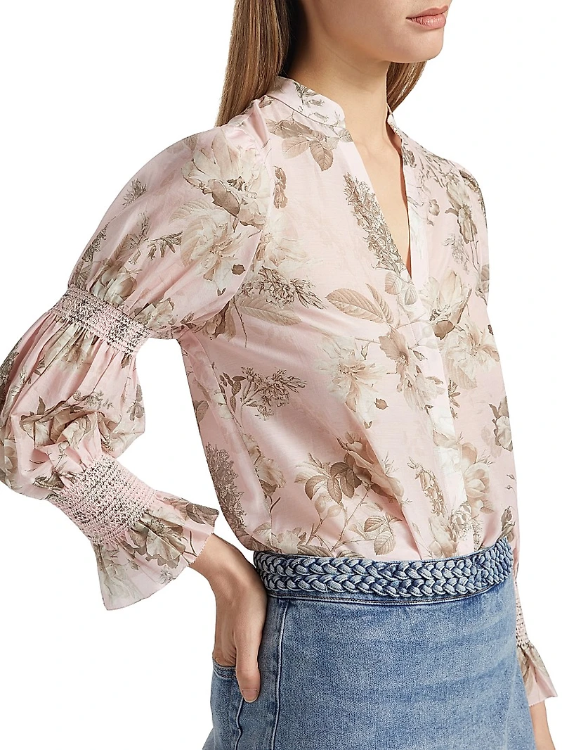 Ilan Floral Smocked Cotton-Silk Blouse