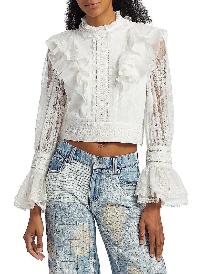 Delpha Embellished Lace Ruffle Crop Top