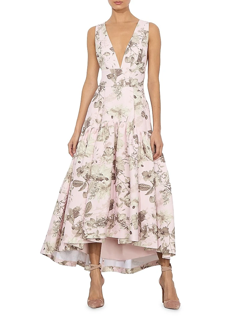 Lila Floral Linen-Blend Midi-Dress