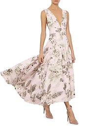 Lila Floral Linen-Blend Midi-Dress