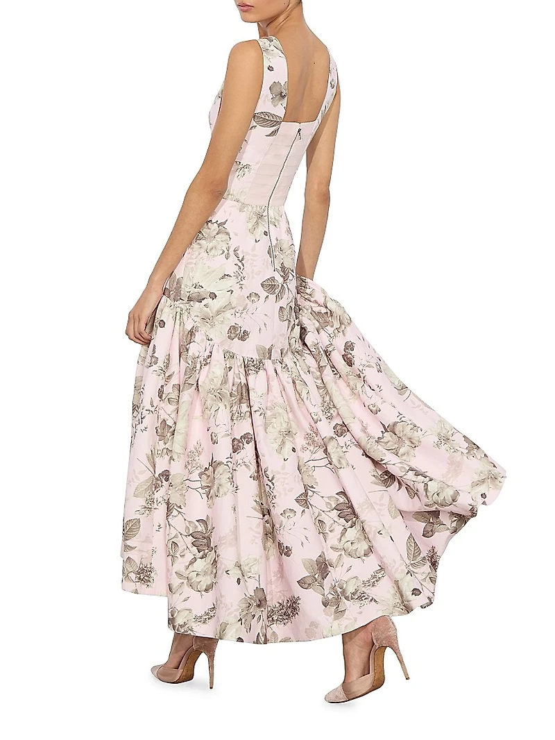 Lila Floral Linen-Blend Midi-Dress