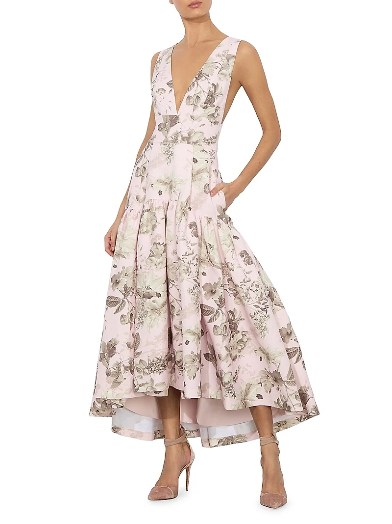 Lila Floral Linen-Blend Midi-Dress