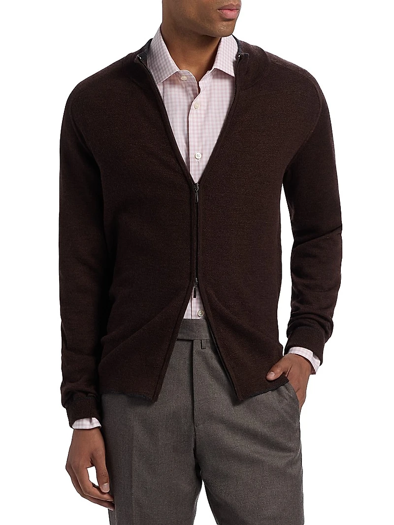 Wool Mock Turtleneck Zip-Front Cardigan