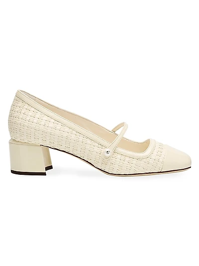 Elisa 45MM Leather-Trim Woven Cotton Mary Janes