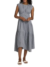 Check Gathered Cotton Midi-Dress