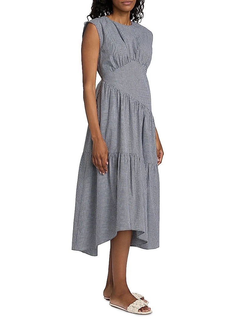 Check Gathered Cotton Midi-Dress