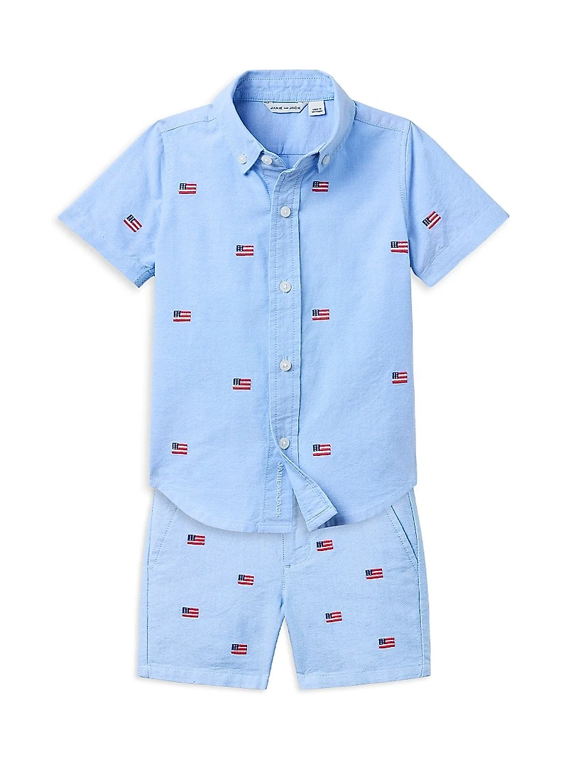 Little Boy's & Embroidered Flag Shorts Set