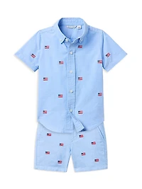 Little Boy's & Embroidered Flag Shorts Set