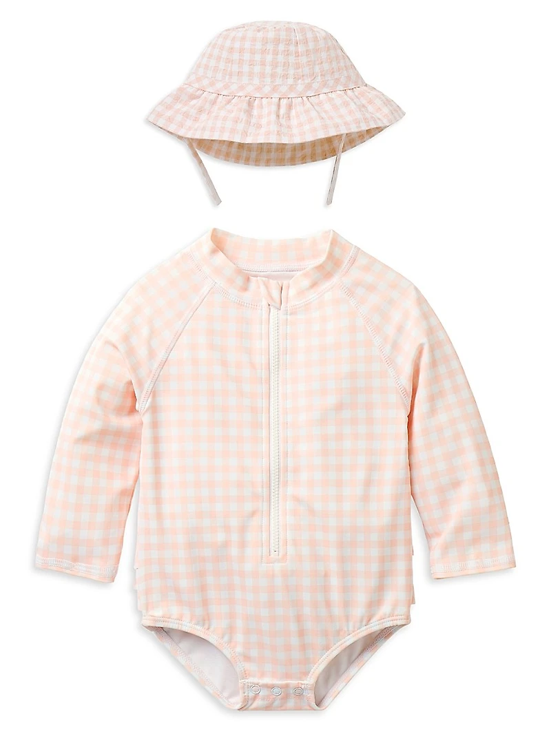 Baby Girl's Gingham Rashguard Swimsuit & Sun Hat Set