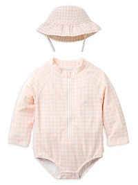 Baby Girl's Gingham Rashguard Swimsuit & Sun Hat Set