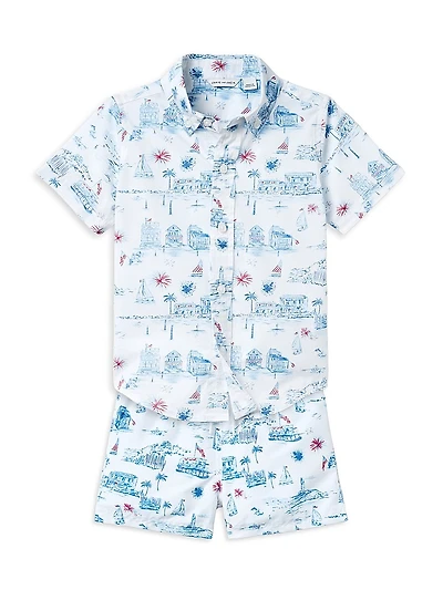 Little Boy's & Toile Americana Short-Sleeve Shirt Swim Shorts Set
