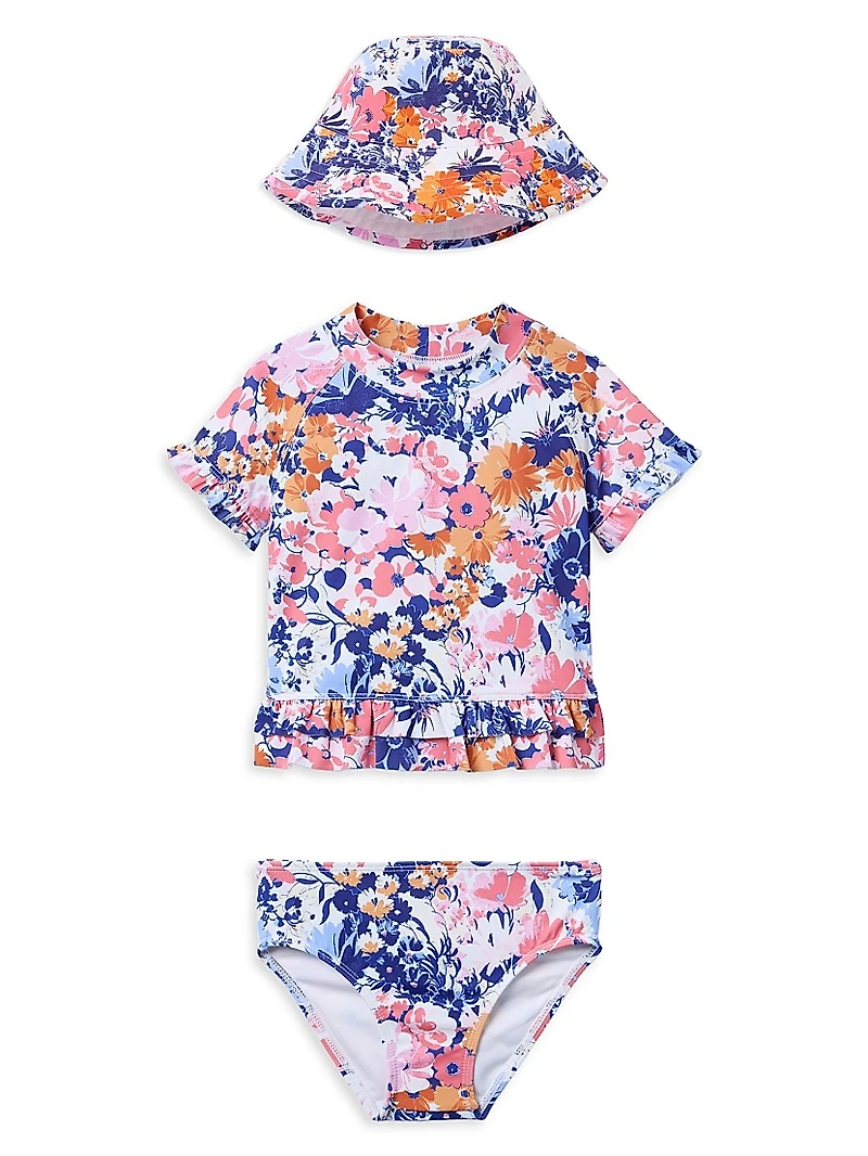 Little Girl's & Ruffle Rashguard, Swimsuit, Hat Set