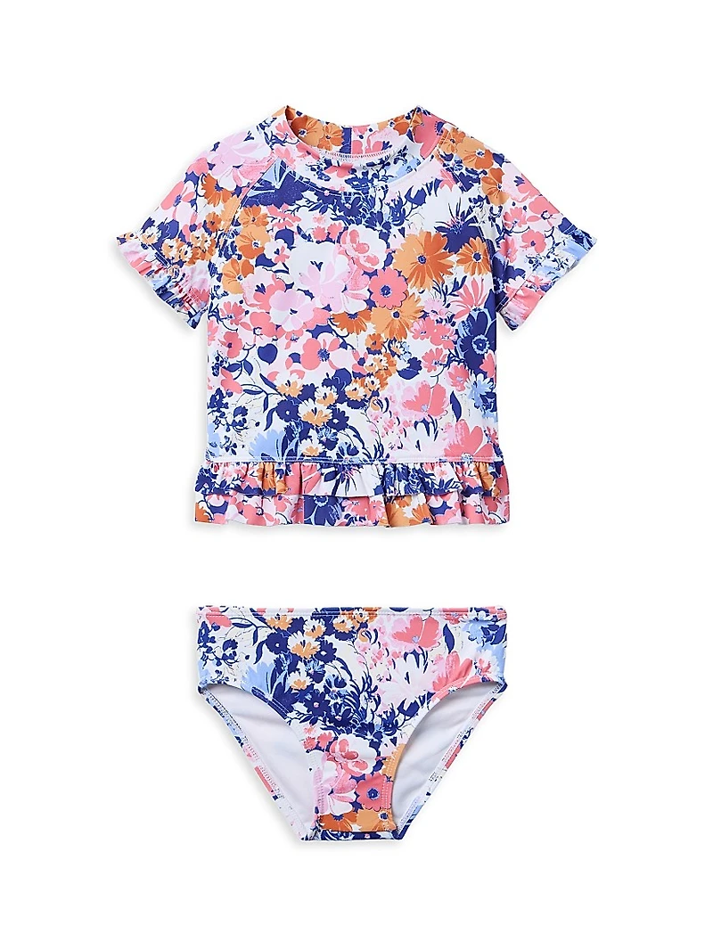 Little Girl's & Ruffle Rashguard, Swimsuit, Hat Set