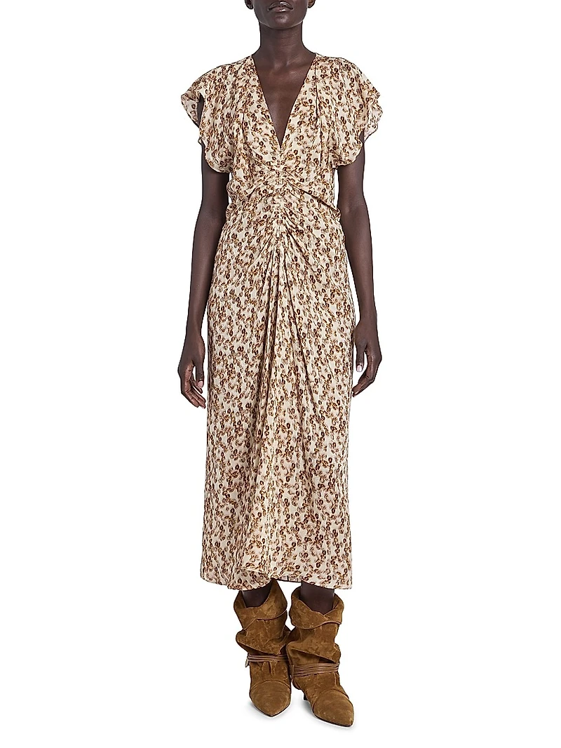 Lyndsay Floral Flutter-Sleeve Midi Dress