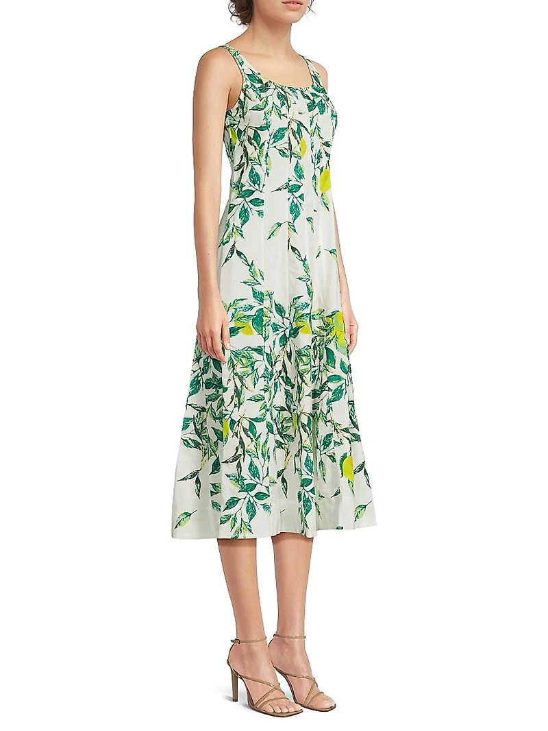 Camillie Leaf-Printed Cotton Midi-Dress