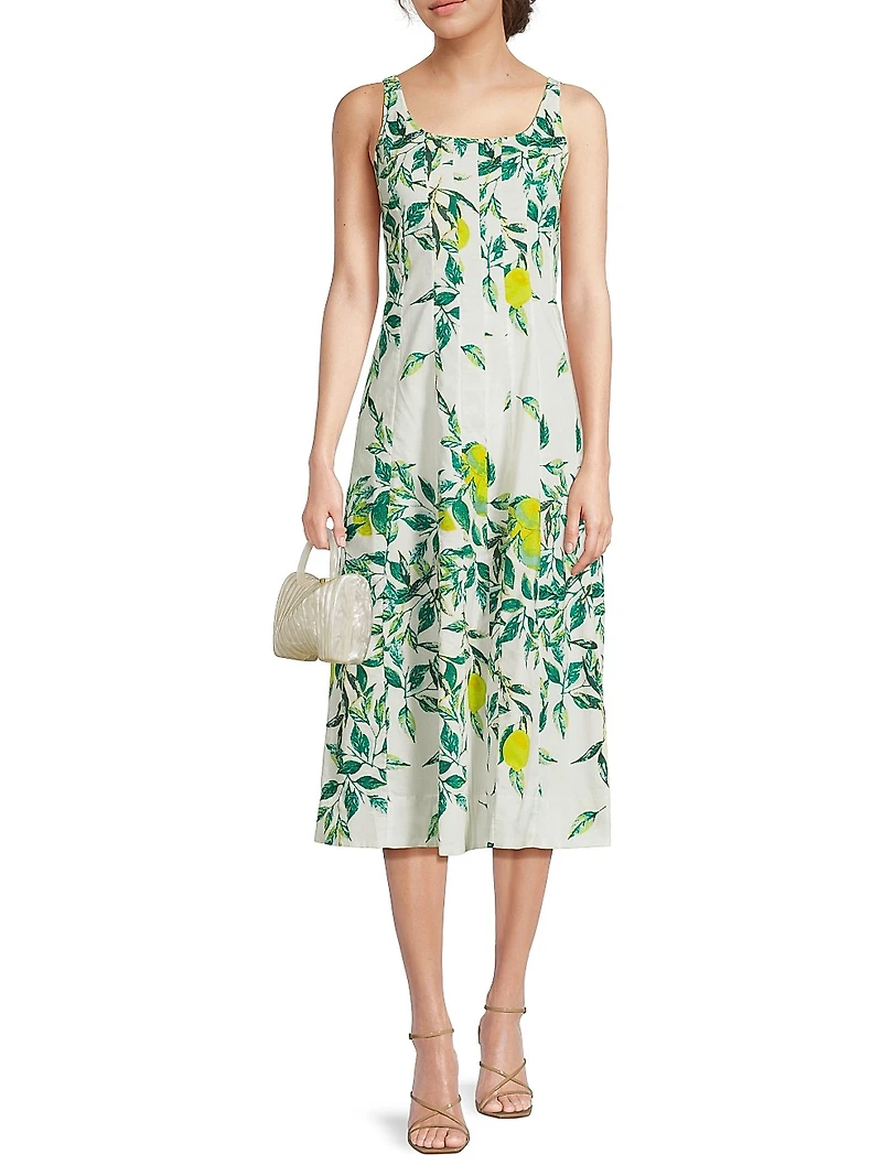 Camillie Leaf-Printed Cotton Midi-Dress