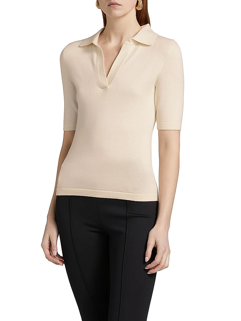 Cotton-Cashmere Short-Sleeve Polo Sweater