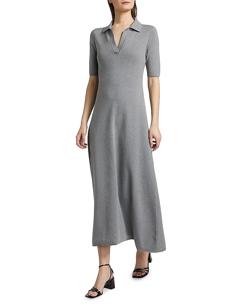 Cotton-Cashmere Knit Polo Midi-Dress