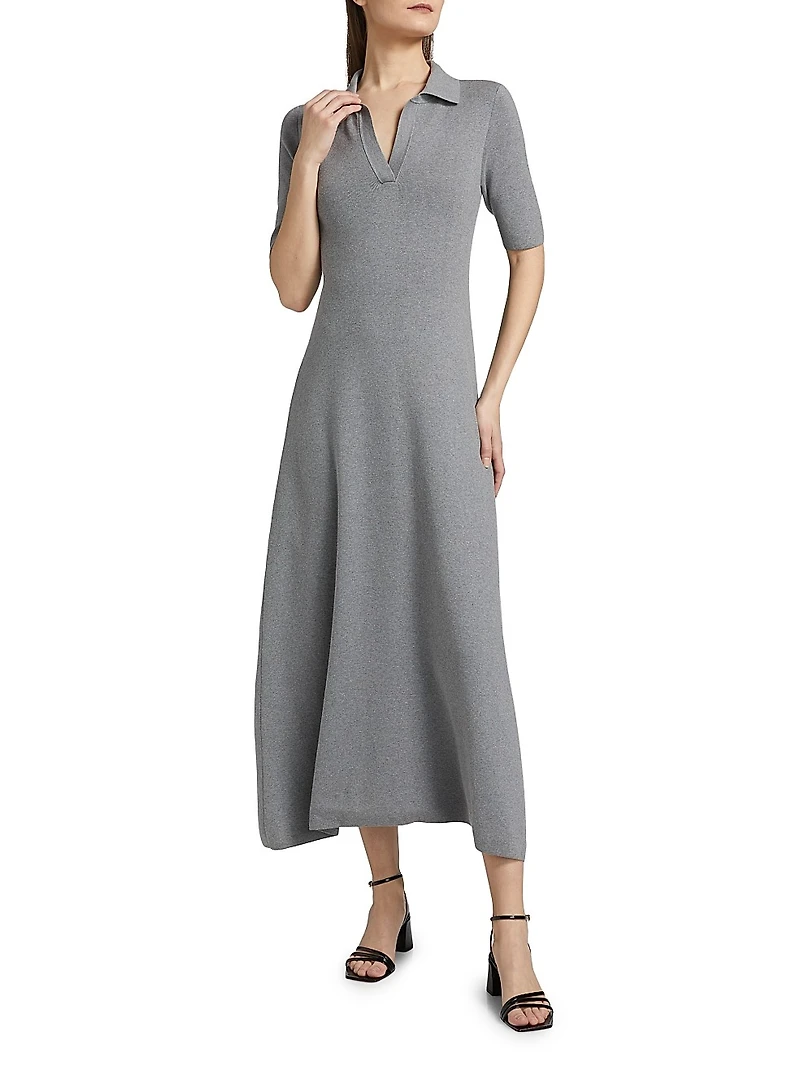 Cotton-Cashmere Knit Polo Midi-Dress