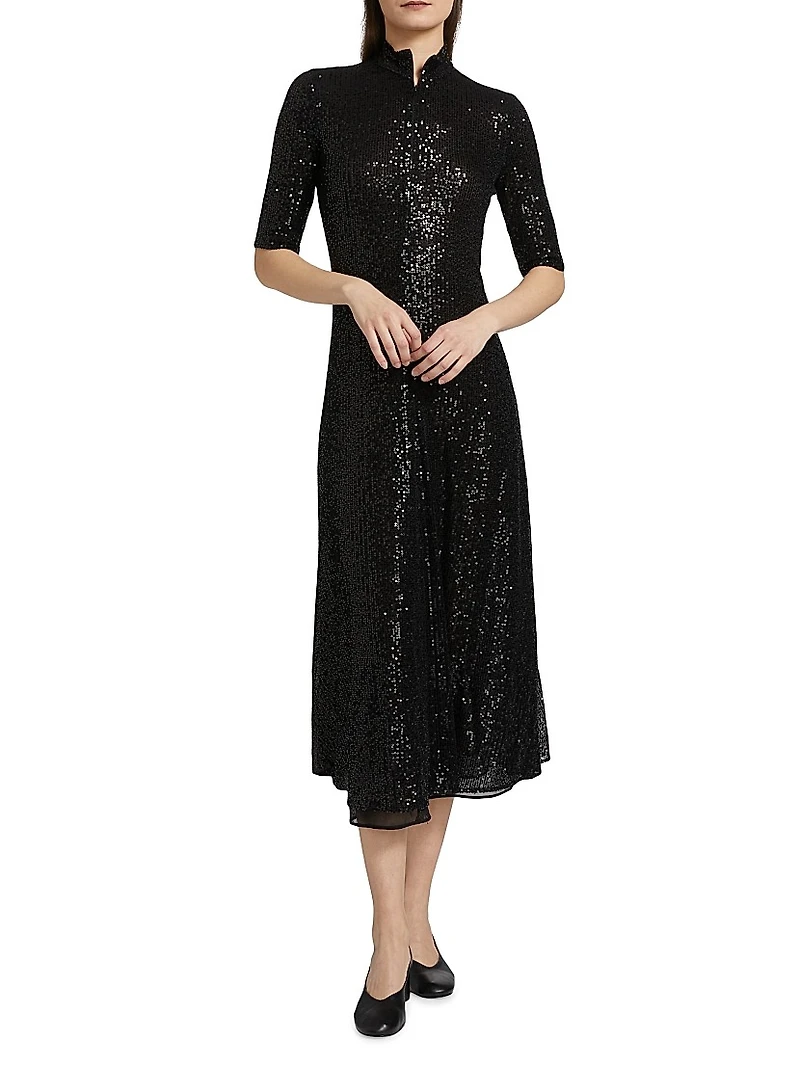 Sequined Mock Turtleneck Midi-Dress