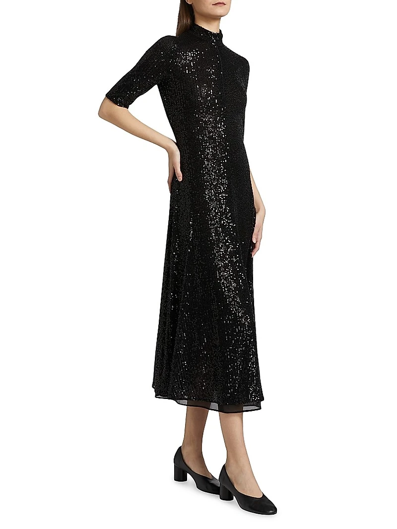 Sequined Mock Turtleneck Midi-Dress