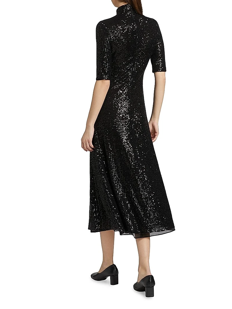 Sequined Mock Turtleneck Midi-Dress