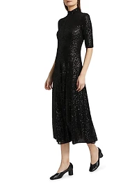 Sequined Mock Turtleneck Midi-Dress
