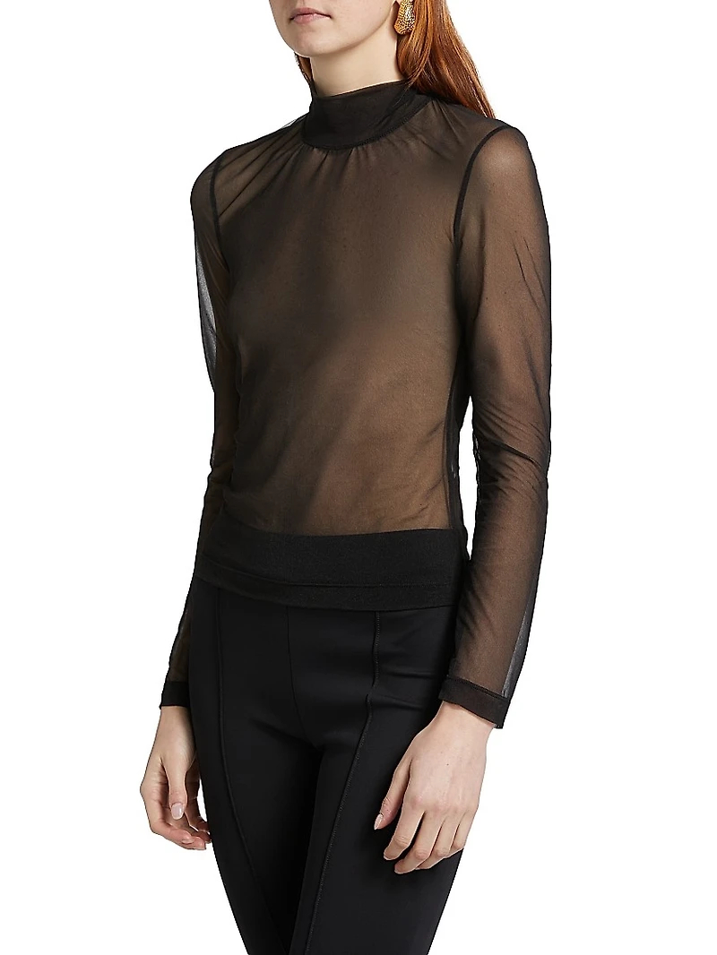 Sheer Turtleneck Long-Sleeve T-Shirt