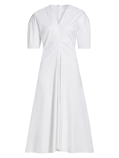 Ruched Stretch-Cotton V-Neck Midi-Dress
