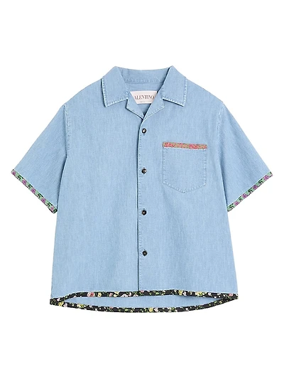 Denim Bowling Shirt with Floral Print Trim