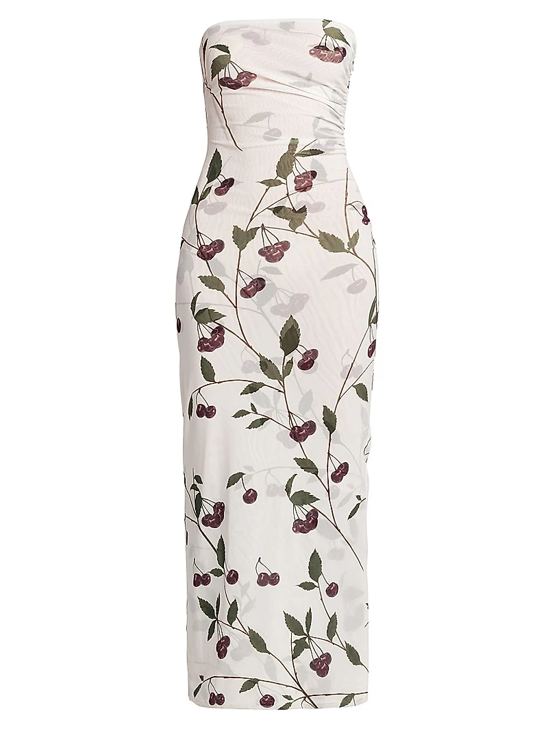 Cherry Ruched Strapless Maxi Dress