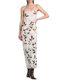 Cherry Ruched Strapless Maxi Dress