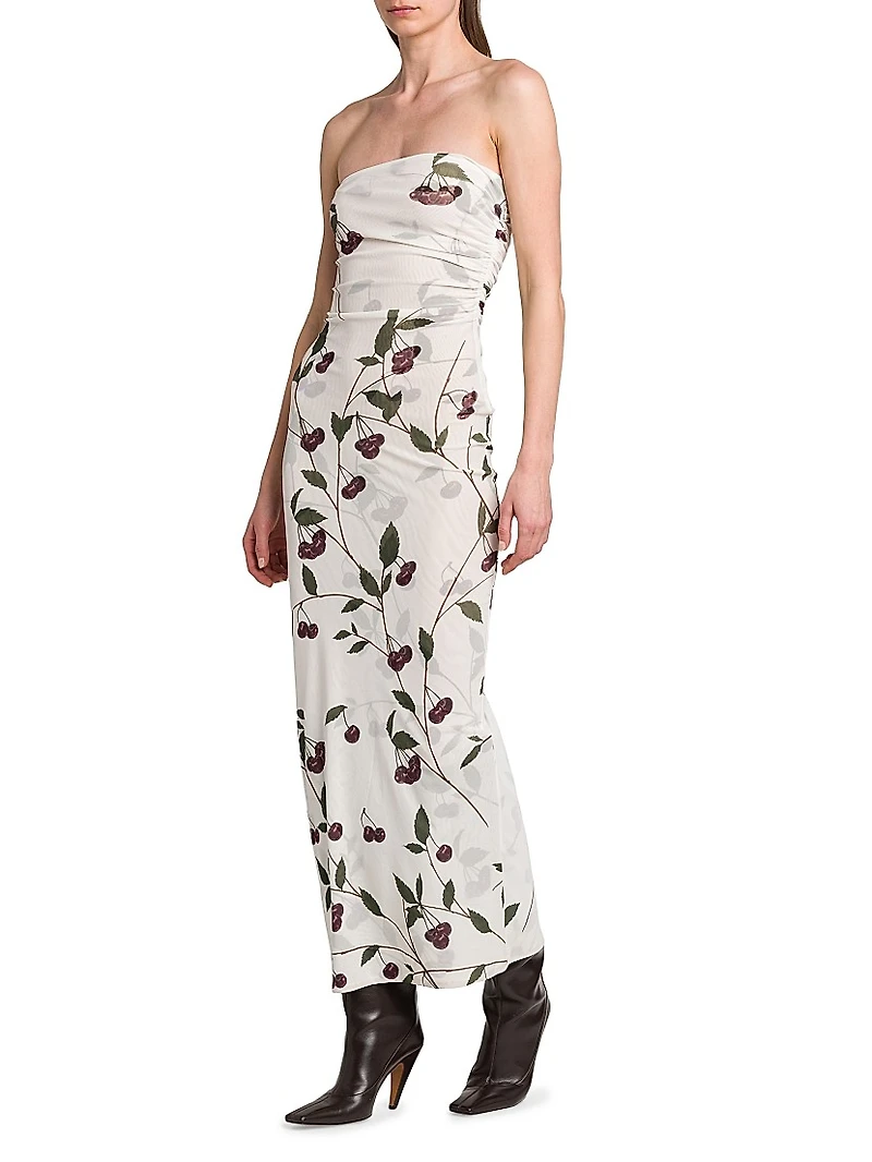 Cherry Ruched Strapless Maxi Dress