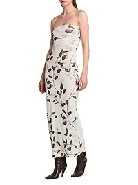 Cherry Ruched Strapless Maxi Dress