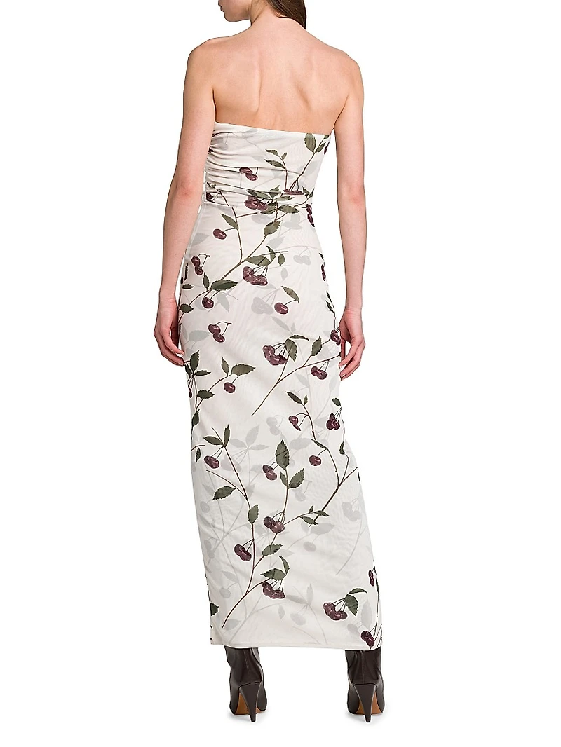 Cherry Ruched Strapless Maxi Dress