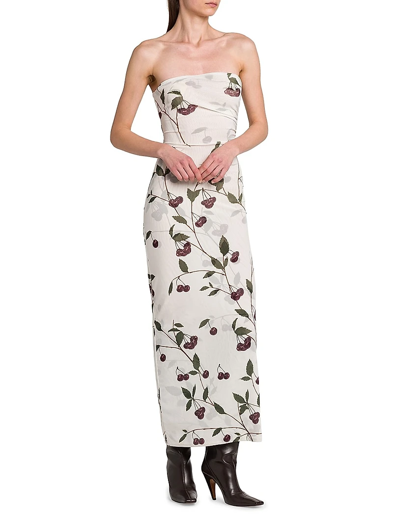 Cherry Ruched Strapless Maxi Dress