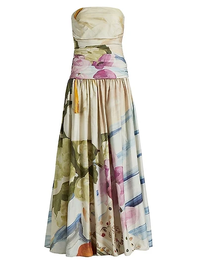 Nershall Watercolor Pintucked Strapless Maxi Dress