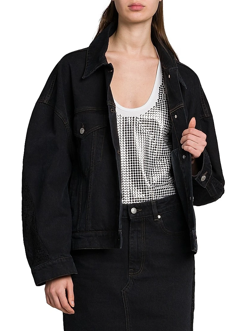 Lace-Trimmed Denim Button-Front Jacket